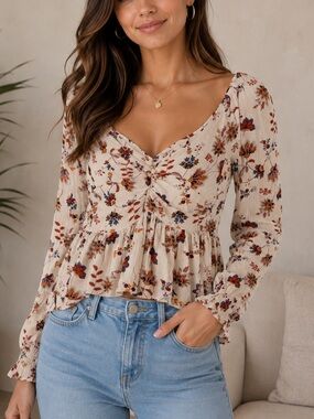 Alya Cream Floral Twist-Front Long Sleeve blouse